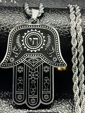 Judaism Hamsa Hand Chai Hebrew Letters Necklace for Men or Women